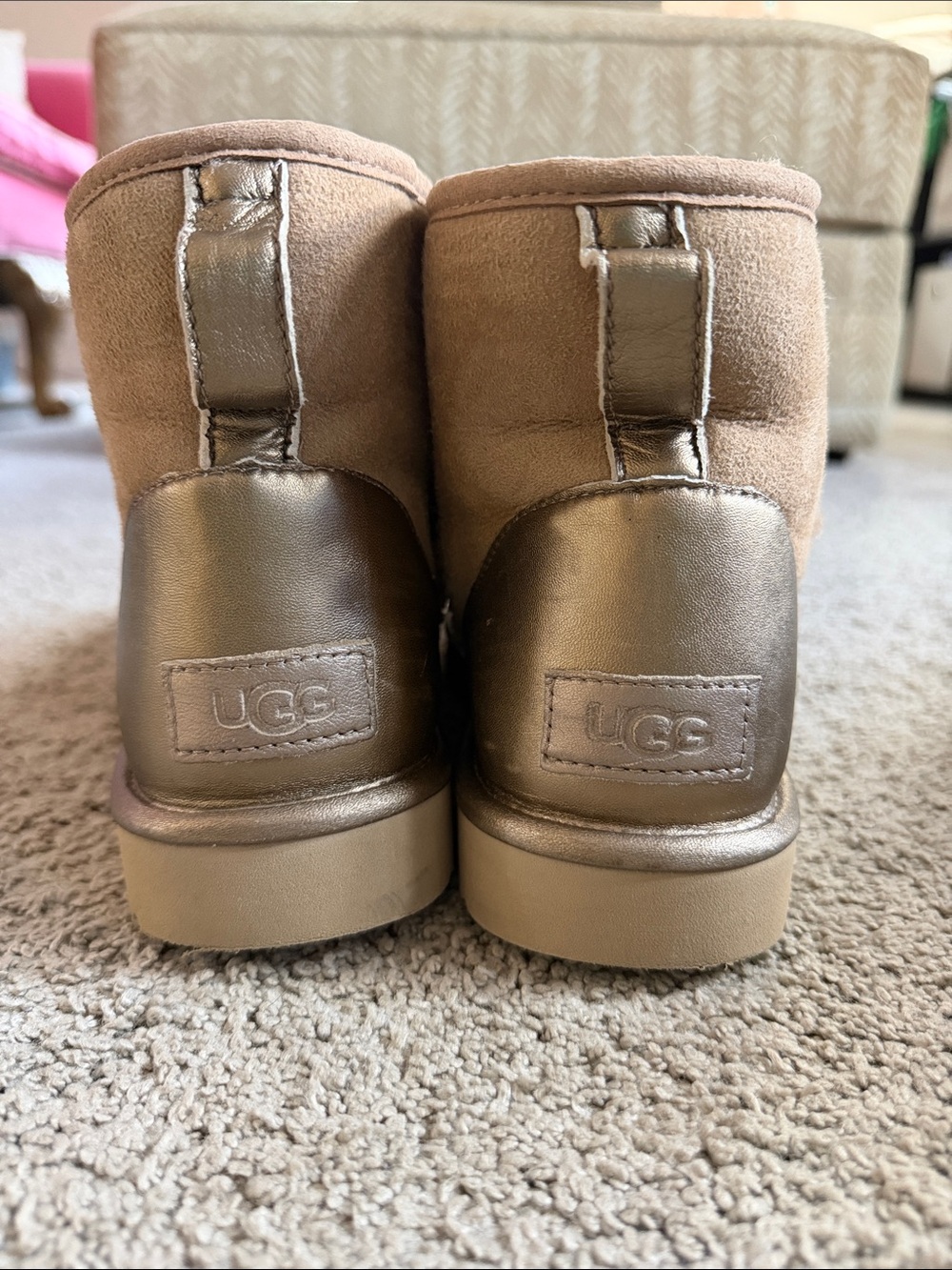 UGG Short Suede Boot with Metallic Heel - Chestnut and Bronze